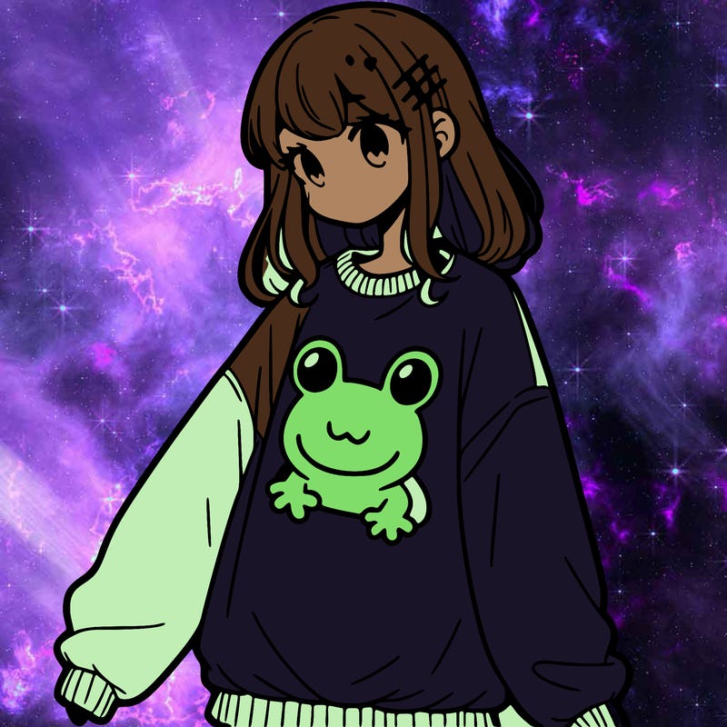 girl wearing frogging sweatshirt