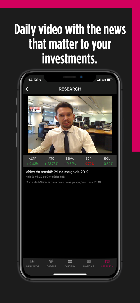 MTrader - Pantalla de investigación de la aplicación móvil MTrader con un video de noticias de inversión diarias
