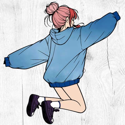 realistic girl jumping with a bun and oversized sweatshirt