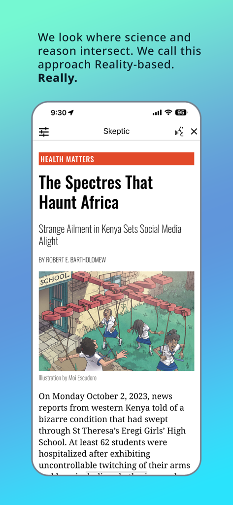 Skeptic Magazine app displaying a reality-based article about a health mystery in Africa with custom illustrations.