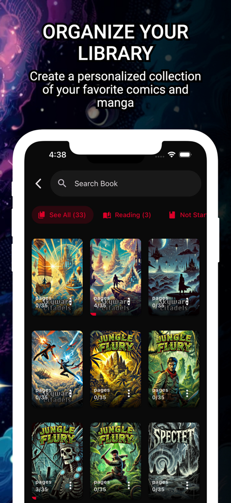 Interface do aplicativo ComiQuest exibindo uma biblioteca digital organizada com capas de quadrinhos e rastreamento de progresso de leitura