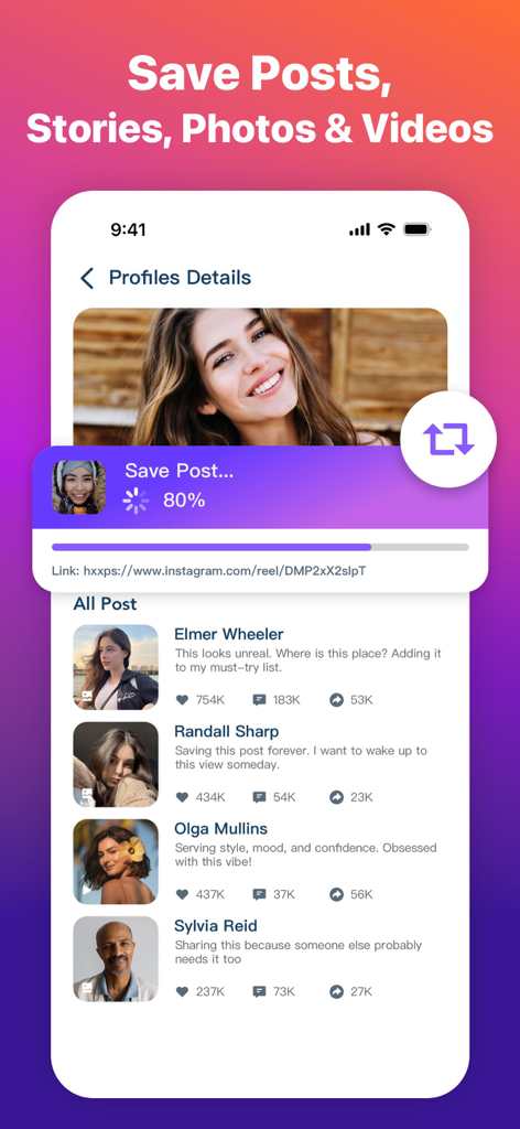 Interfaccia dell'app Repost che mostra una barra di avanzamento per il salvataggio di un post di Instagram e un elenco di profili salvati