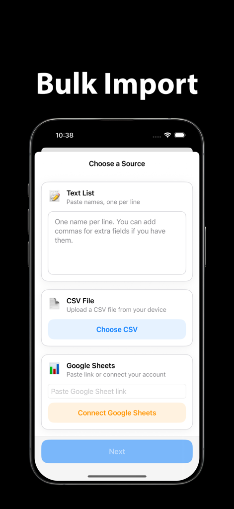 Pantalla de la aplicación móvil Seat Maker que muestra opciones para importar invitados masivamente desde una lista de texto, archivo CSV o Hojas de Cálculo de Google