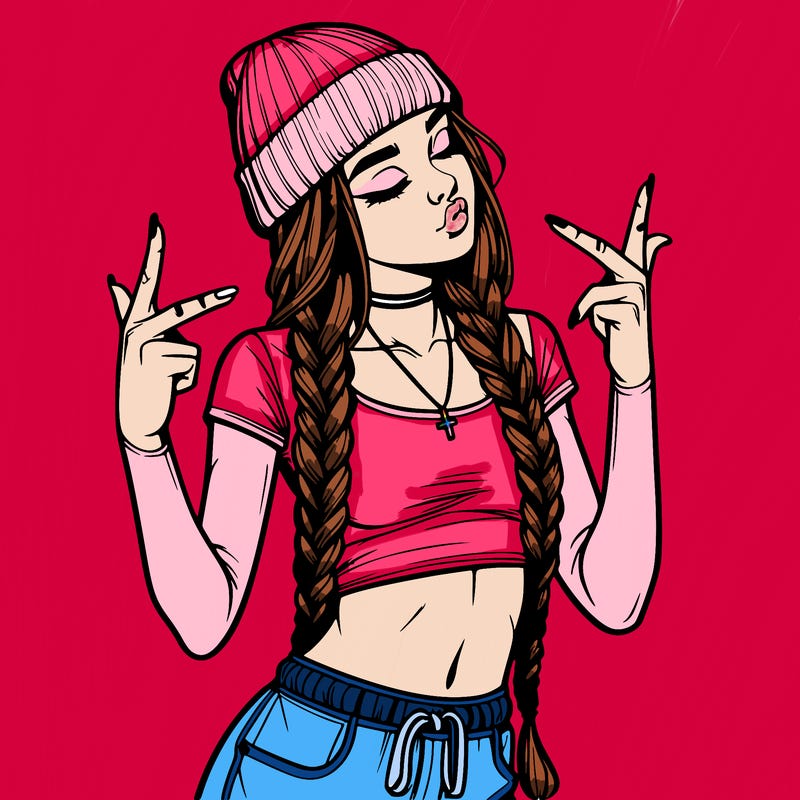realistic teenage girl with braids and a beanie and crop top doing 🫶🏼