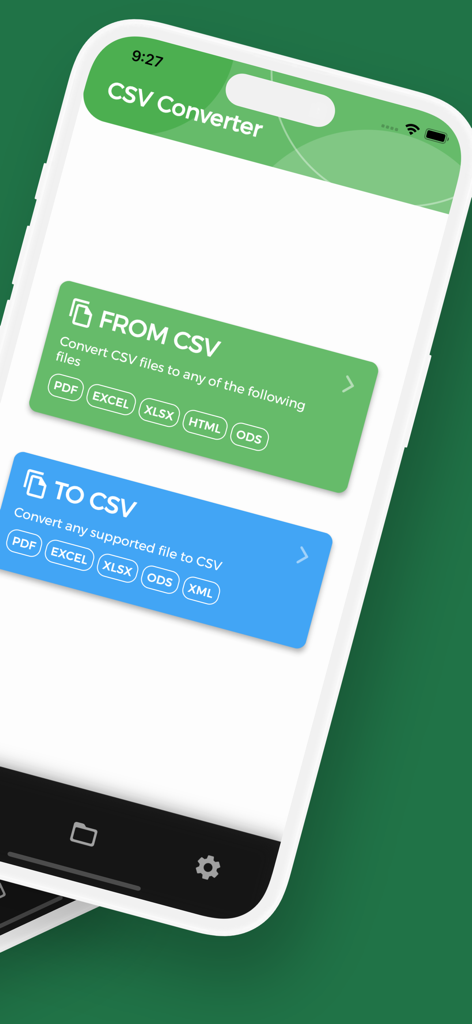 CSVコンバーターアプリのメインダッシュボードで、CSVからPDFやExcelへの変換、または他の形式からCSVへの変換オプションが表示されています