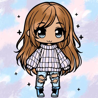 chibi girl with ripped jeans,long hair, and an oversized sweater