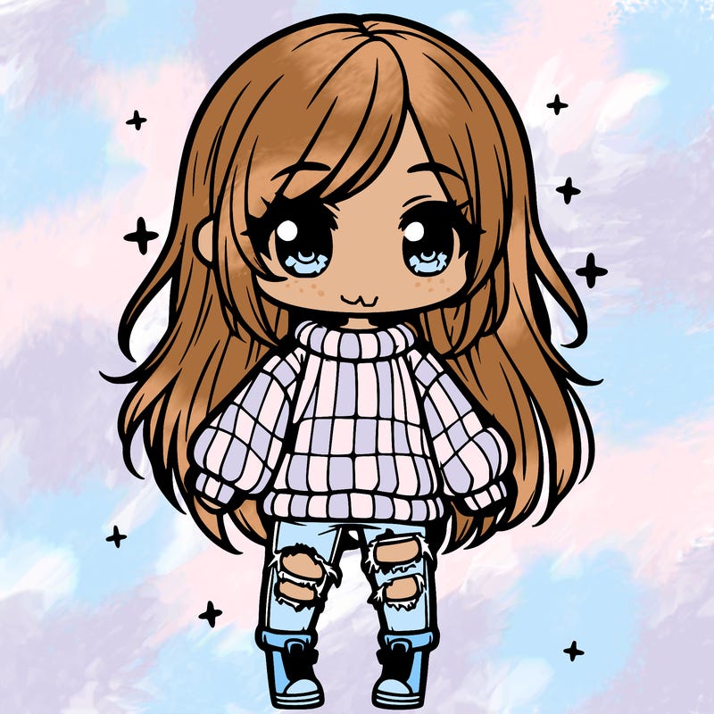 chibi girl with ripped jeans,long hair, and an oversized sweater