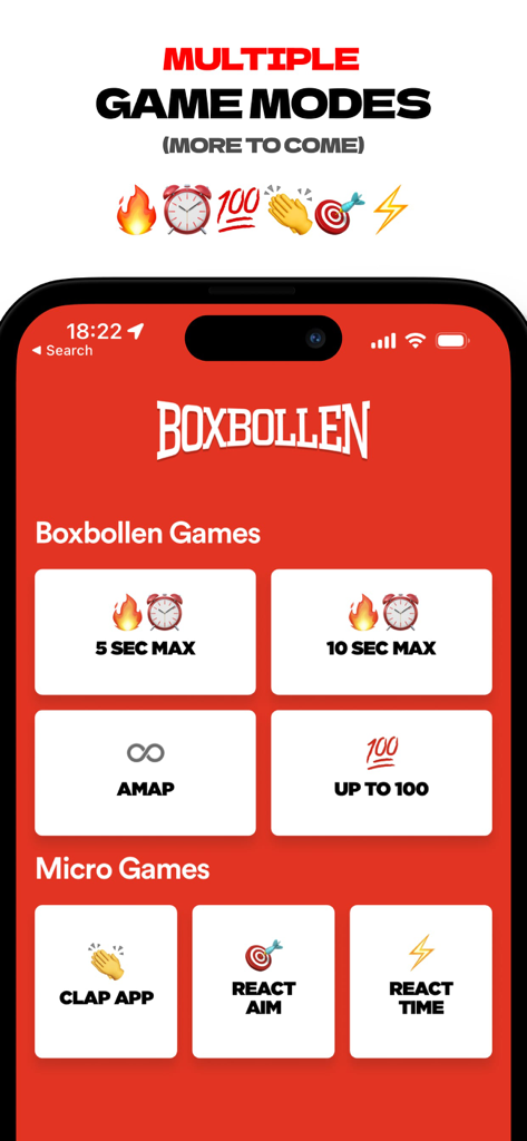 Interfaz de la aplicación Boxbollen que muestra múltiples modos de juego y minijuegos para entrenamiento físico y de reacción.