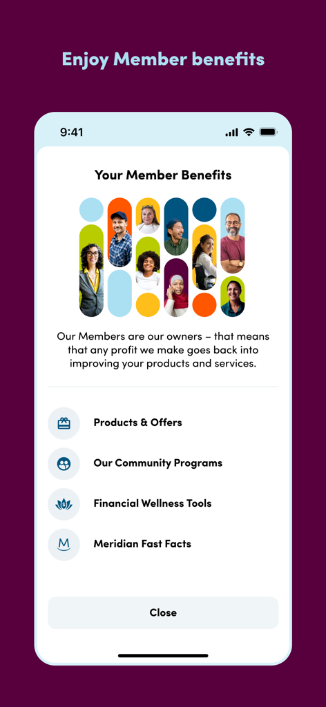 Meridian Mobile Banking - A mobile app screen titled Your Member Benefits showing a collage of diverse members and links to community programs and wellness tools