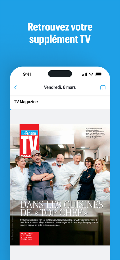 Journal Le Parisien mobile app screen showing the digital TV Magazine supplement cover featuring Top Chef.