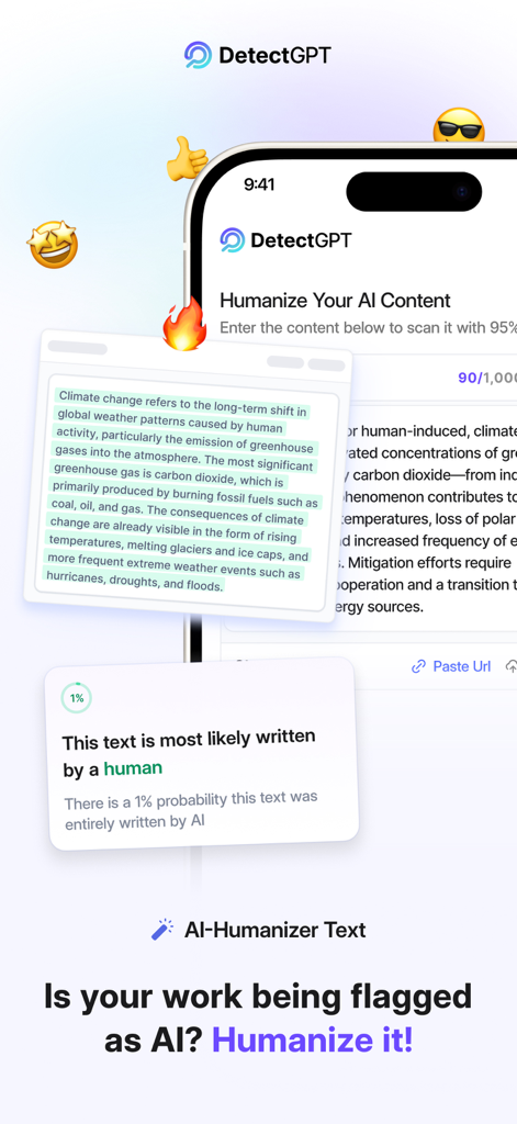 DetectGPT: Trusted AI Detector - Schermo di un iPhone che mostra l'interfaccia dell'app DetectGPT con un punteggio di originalità umana riuscito dopo aver utilizzato lo strumento di umanizzazione AI.