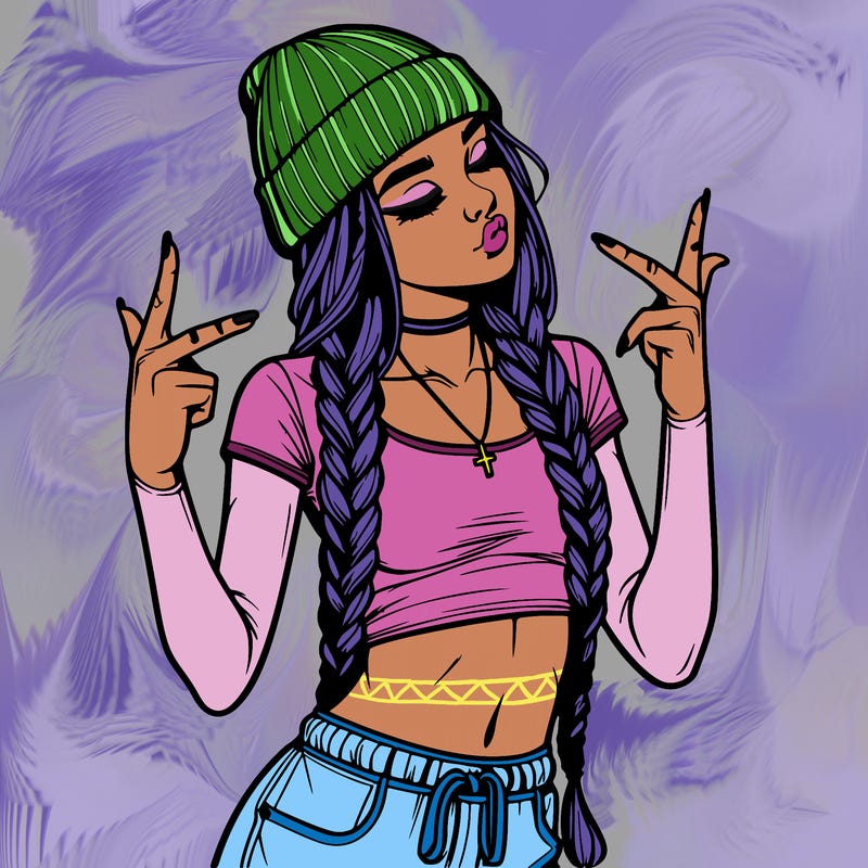 realistic teenage girl with braids and a beanie and crop top doing 🫶🏼