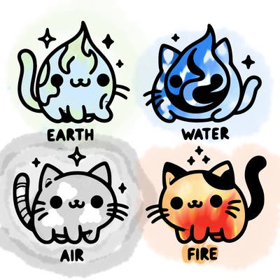 4 cats that represent the different elements, earth, water, air, and fire