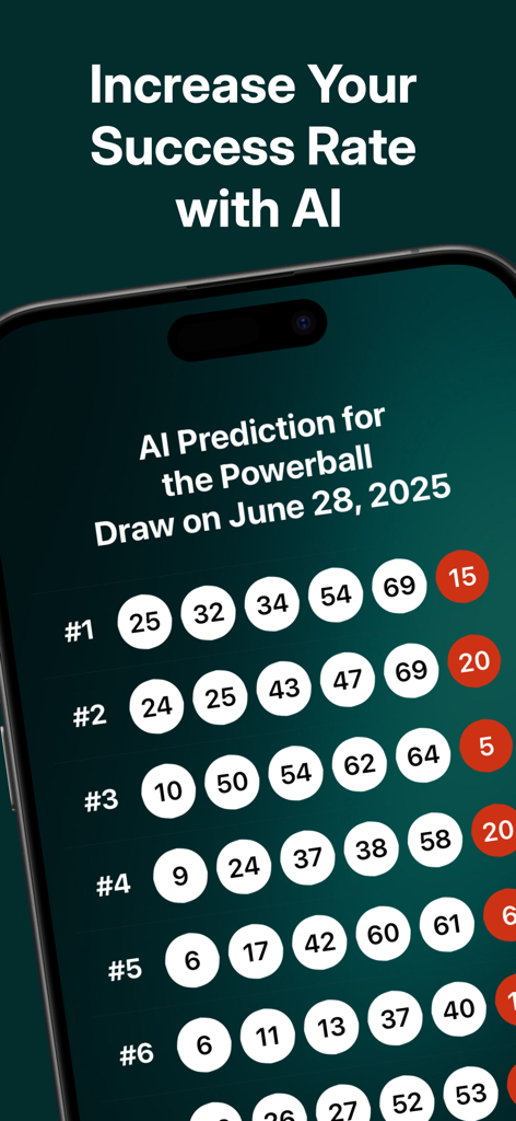 Powerball AI Number Predictor - A mobile screen showing AI-generated Powerball number predictions with white and red numbered circles for an upcoming draw.