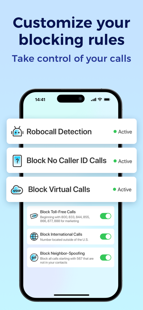 RealCall app interface showing customizable settings for blocking robocalls, no caller ID, and neighbor-spoofing.