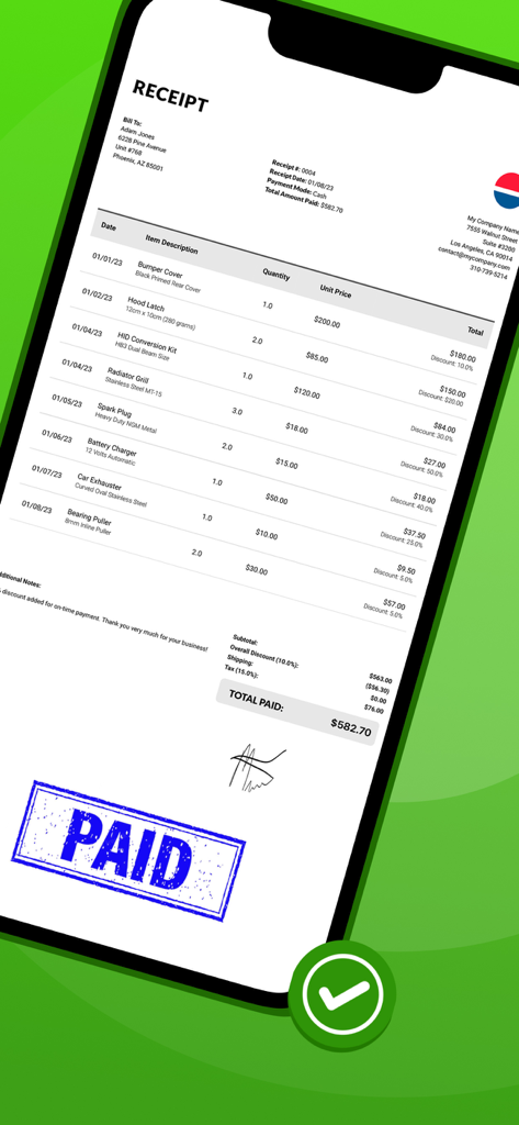A professional digital receipt on a smartphone screen featuring an itemized list of services and a blue PAID stamp.