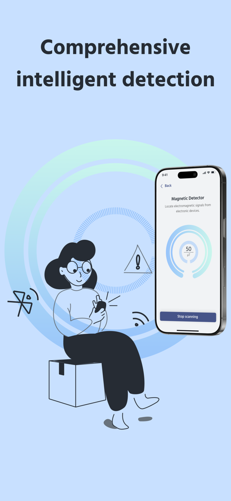 Detector Device Detection-Anti - Una persona usando un iPhone para buscar dispositivos ocultos con la función de detección magnética de la aplicación Detector.