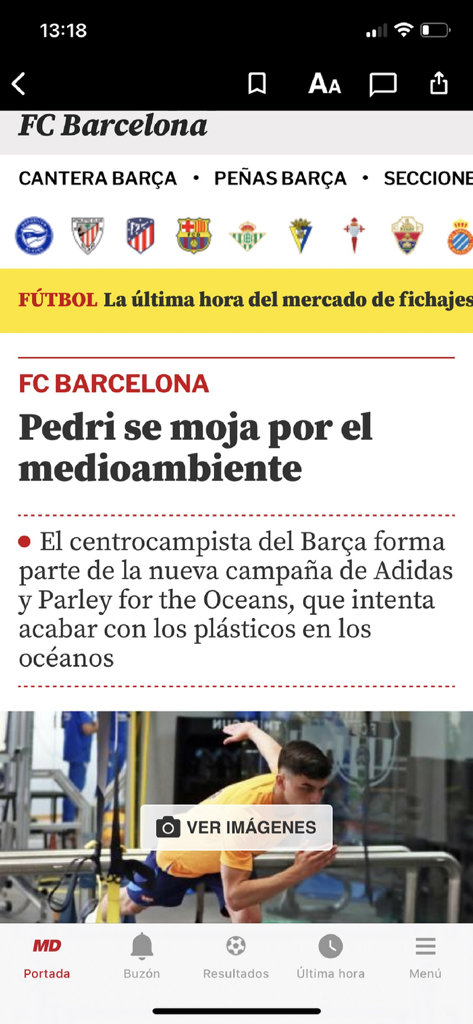 Screenshot of the Mundo Deportivo mobile app featuring a news article about FC Barcelona player Pedri supporting an environmental campaign.