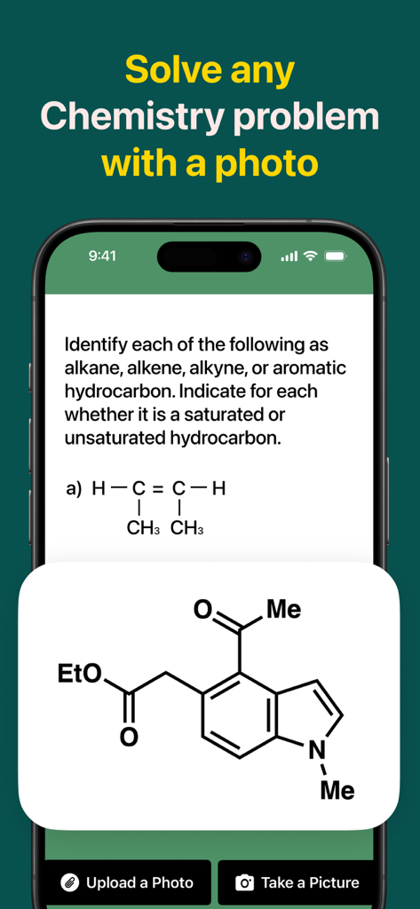 Chem AI - Chemistry Solver - Écran de smartphone montrant l'application Chem AI résolvant un problème de chimie organique à partir d'une photo