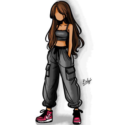 girl in baggy pants crop top and long hair