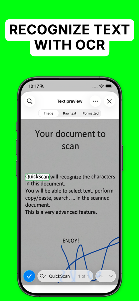iPhone screen showing the QuickScan app recognizing text from a scanned document using OCR technology