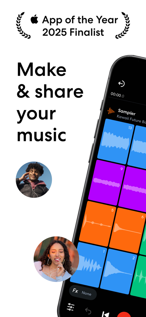 BandLab mobile App, die die Sampler-Oberfläche mit bunten Soundpads und der Überschrift Make and share your music zeigt.