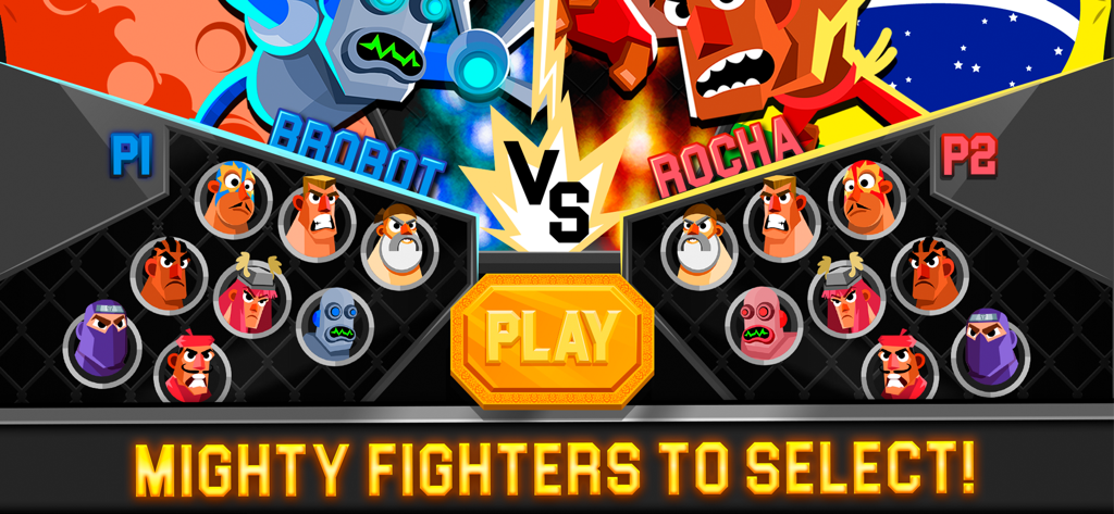 UFB 3のキャラクター選択画面。BrobotやRochaなどのファイターのロスターが表示されている。