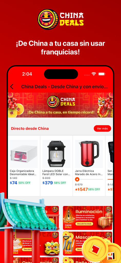 Interfaz de la aplicación móvil LOi que muestra la sección "China Deals" con productos para el hogar con descuento como una tetera eléctrica y una lámpara solar