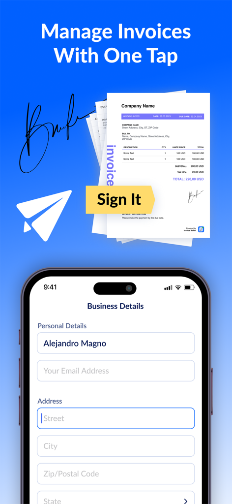 Invoice Maker - Generator App - Interface de aplicativo móvel para gerenciar faturas e inserir detalhes de negócios
