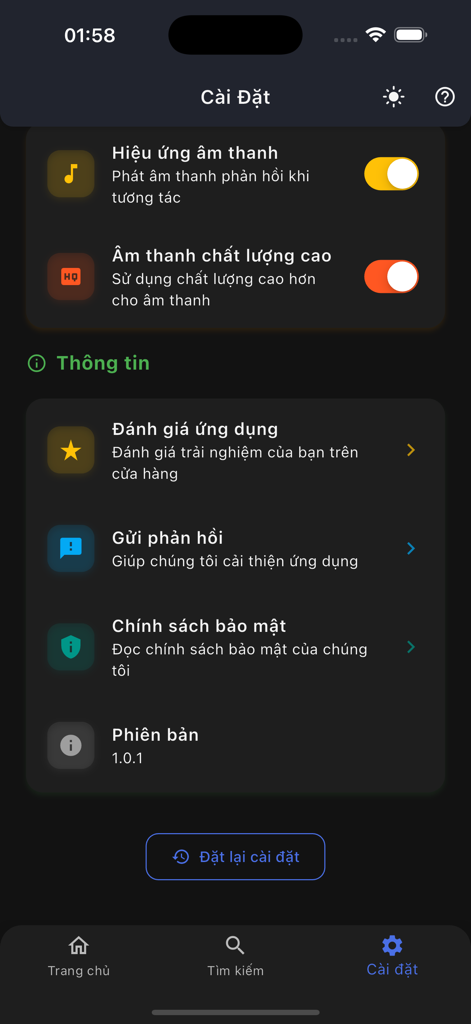 Troll Sounds - Settings interface of the Troll Sounds app showing sound options and information