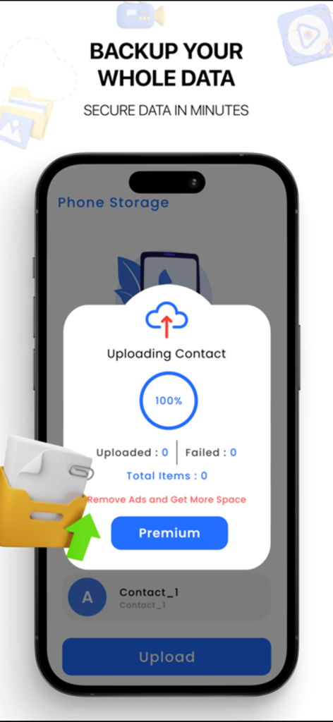 Cloud Storage: Cloud Drive App - iPhone screen showing a successful contact backup upload to the cloud storage app