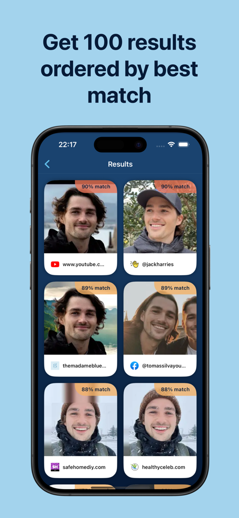 Facial Recognition - 一致率とソースウェブサイトのリンクが表示された顔検索結果を示すモバイルアプリのスクリーンショット