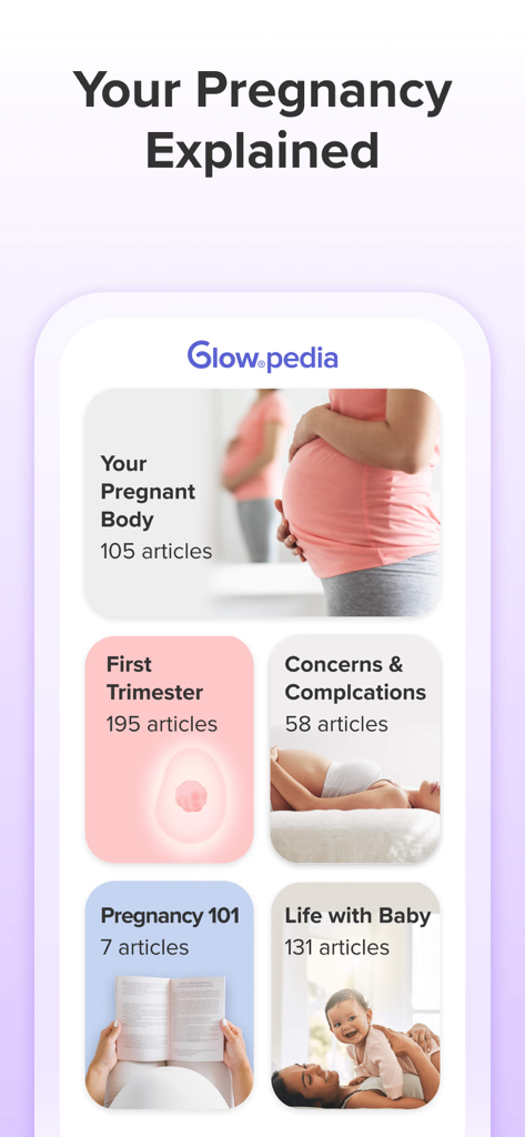 Glowpedia interface in the Nurture app showing article categories for pregnancy stages and baby care