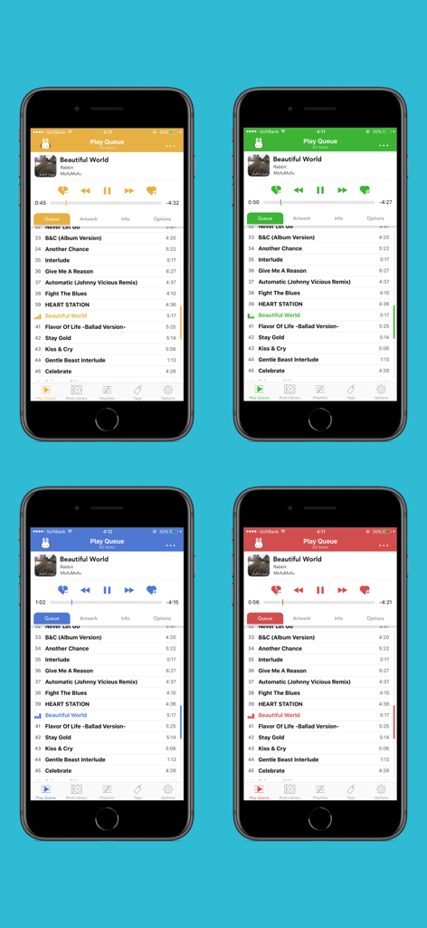 Rabbit Player - Quatro telas de iPhone exibindo o Rabbit Player em várias cores de tema, incluindo laranja, verde, azul e vermelho, mostrando a interface da fila de reprodução