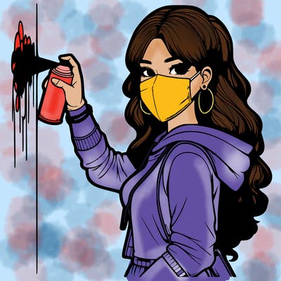 realistic girl with mask spray painting a wall