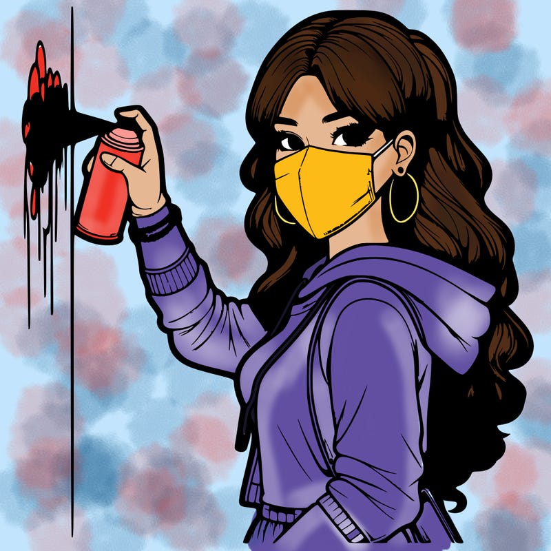 realistic girl with mask spray painting a wall