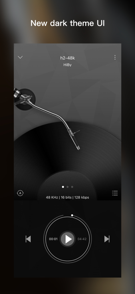 HiByMusic app interface displaying a dark theme with a virtual turntable and audio playback controls.