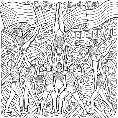 Leap into a vibrant celebration of strength and unity with this dynamic coloring page featuring incredible acrobatic gymnasts. This detailed design perfectly embodies the spirit of Pride Month, showcasing teamwork and love amidst empowering symbols.