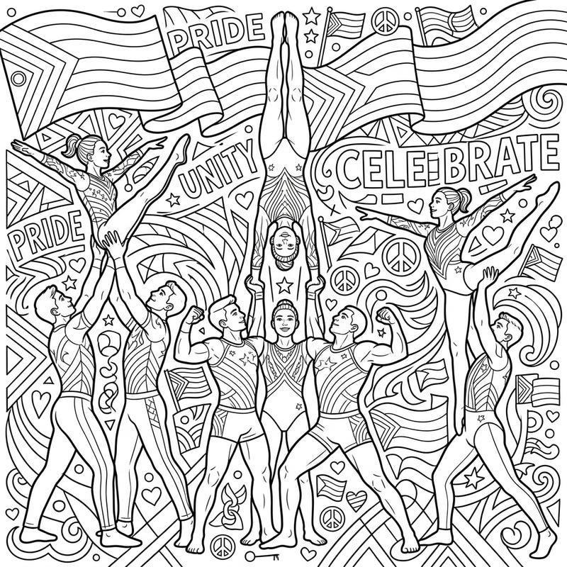 Leap into a vibrant celebration of strength and unity with this dynamic coloring page featuring incredible acrobatic gymnasts. This detailed design perfectly embodies the spirit of Pride Month, showcasing teamwork and love amidst empowering symbols.