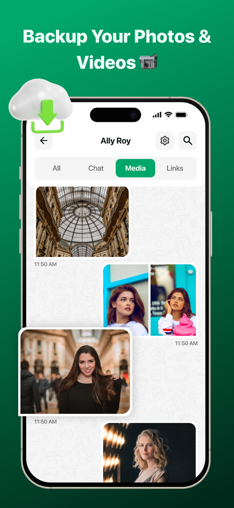 Pantalla de smartphone que muestra la galería de copias de seguridad de fotos y videos en la aplicación WAM con un icono de recuperación en la nube