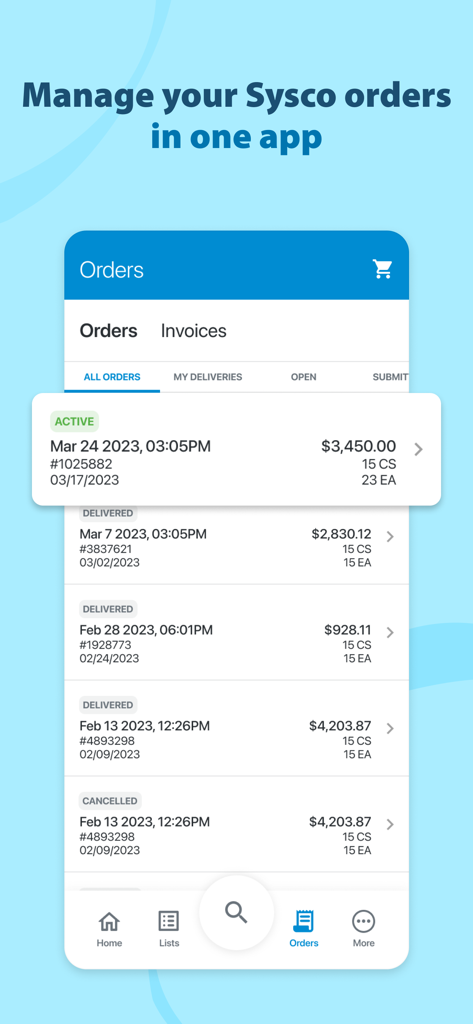 Sysco Shop - Una pantalla móvil de la aplicación Sysco Shop que muestra una lista de pedidos de servicio de alimentos activos y entregados con sus costos totales y fechas de entrega.