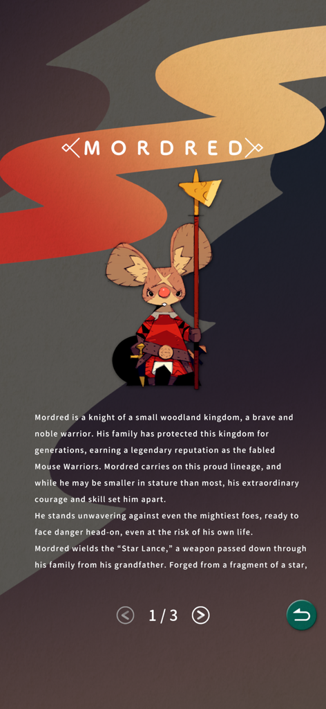 MEMORICA - A character profile screen for Mordred, a mouse knight in red armor holding a lance from the game MEMORICA