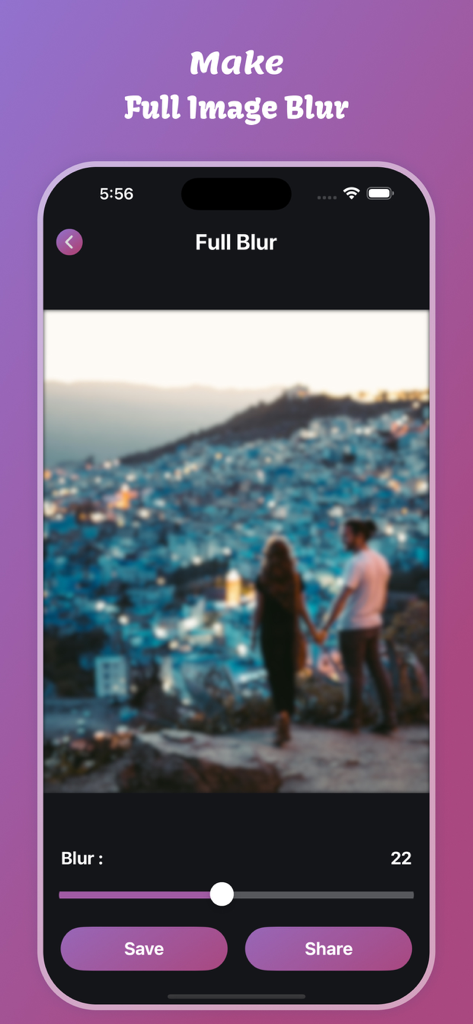 Motion Blur Effect - Motion Blur Effect app interface showing full image blur on a photo of a couple in a city