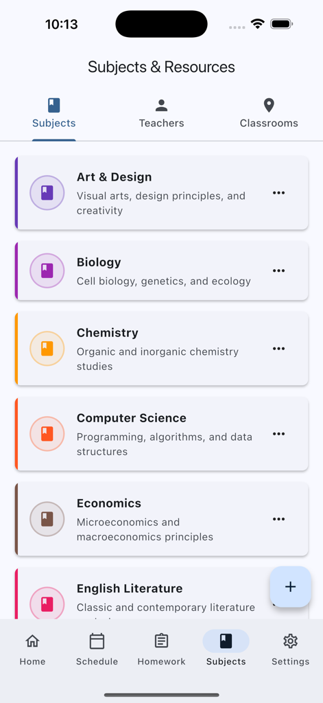 Chool - School Timetable - A color-coded list of school subjects like Art, Biology, and Chemistry on the Chool app interface.