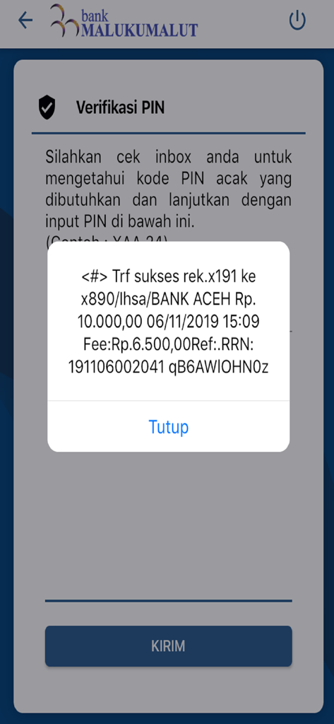Bank Maluku Malut Mobile - Notificación de transferencia de dinero exitosa en la pantalla de la aplicación móvil Bank Maluku Malut