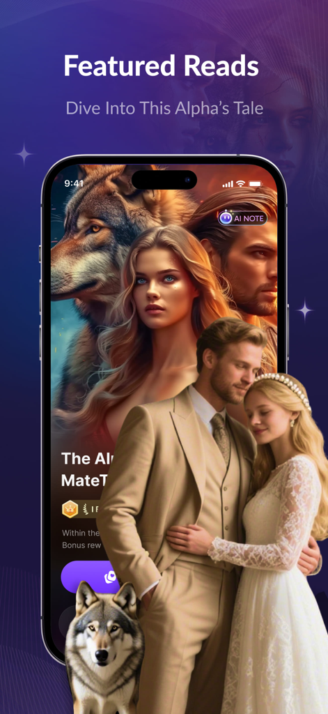 NetFic app screenshot showcasing featured werewolf and romance web novels.