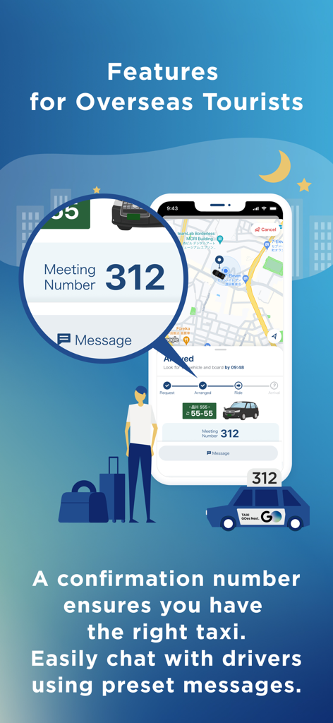GO app interface showing a meeting number and messaging feature for tourists to identify their taxi in Japan.
