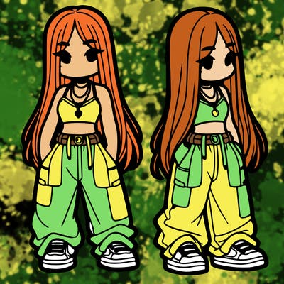 girl in baggy pants crop top and long hair