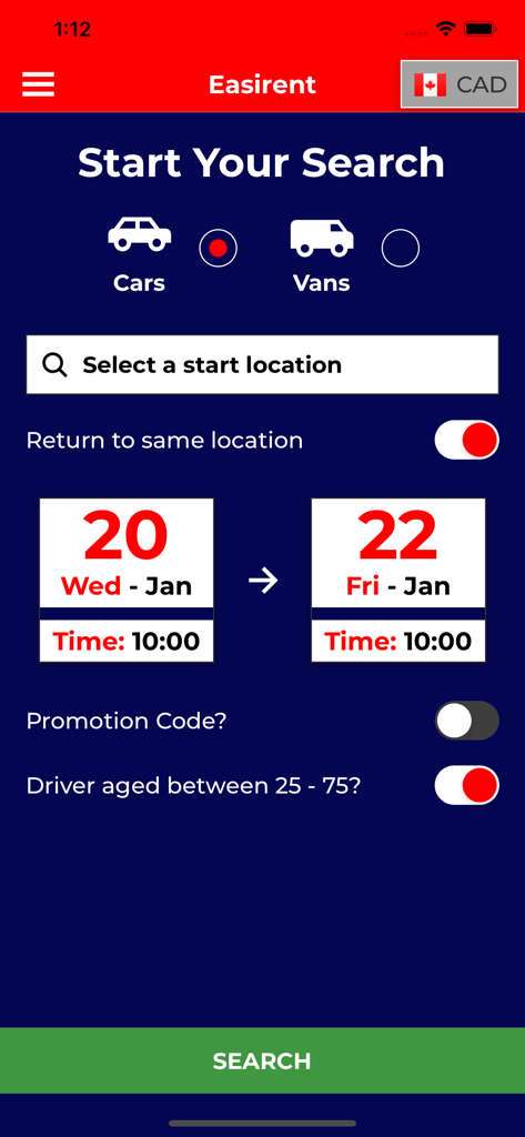 Easirent - Search screen for Easirent car rental app showing vehicle types and date pickers