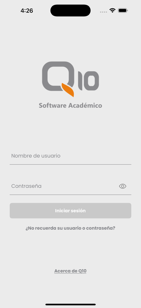 Pantalla de inicio de sesión de la aplicación móvil de gestión académica Q10 en español